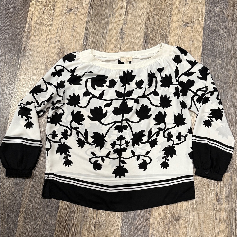 LOFT Black and White Floral Blouse